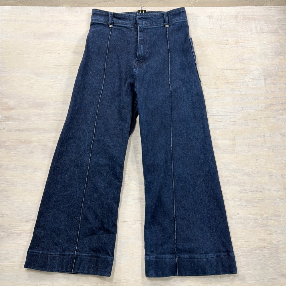 Zara Jeans Wide Leg High Rise Front Seam Size 6 Dark Wash Blue Denim Womens
